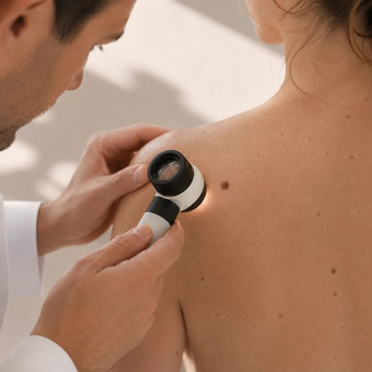 Symbolbild: Allgemeine Dermatologie Graal-Müritz, Dr. Dr. Ole Jung untersucht die Haut mit dem Auflichtmikroskop