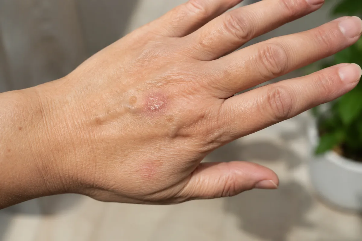 Heller Hautkrebs am Handrücken durch berufliche UV-Belastung, BK 5103, Berufsdermatologie Graal-Müritz